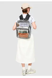 Detail view of a large clear PVC backpack holding a tablet, magazine and inner bag