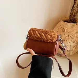 Women Creative Mini Cylindrical PU Leather Crossbody Bag With Baguette Plush Handle And Biscuit Pendant Cute Fashion Shoulder Bag
