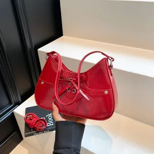 Women's Vintage Bow Lace-up PU Leather Underarm Bag Fashion Hobo Shoulder Bag With Adjustable Strap Metal Rivets Handbag