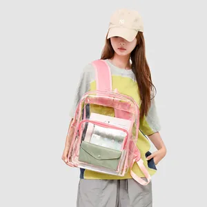 Clear PVC backpack with pink trim and large capacity for students and casual use