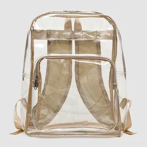 Minimalist clear PVC backpack with khaki straps and a large main compartment for students
