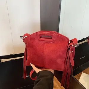 Fashion Women Suede Tassel Tote Bag Bohemian Retro Shoulder Crossbody Bag With Cut-out Handle Adjustable Strap Streetwear