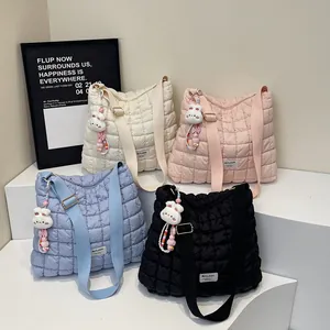 Quilted puffy cloud tote bag in four colors with cute rabbit pendant and wide strap