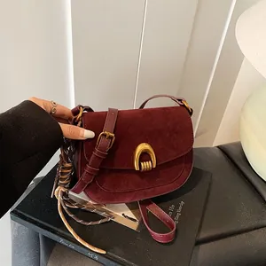 Vintage Frosted PU Leather Crossbody Bag For Women Retro Suede Saddle Bag With Horseshoe Buckle And Tassel Charm Shoulder Bag