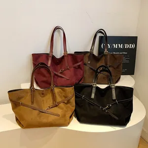 Minimalist large tote bags in suede finish for women in burgundy, coffee, and black