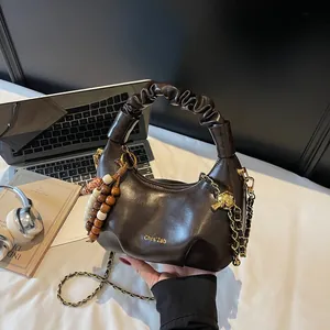Women Soft PU Leather Pleated Dumpling Bag Simple Solid Color Casual Chain Crossbody Shoulder Bag With Beaded Pendant Hobo Bag