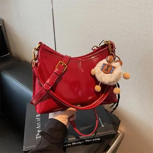 Minimalist Women PU Leather Underarm Bag Shiny Lacquer Shoulder Crossbody Bag With Plush Charm For Students Daily Commute