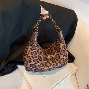 Retro leopard print hobo bag with gold chain and leather woven handle for women