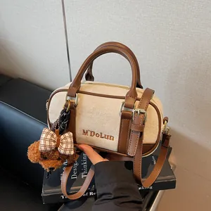 Women Retro PU Leather Boston Bag Large Capacity Handbag Crossbody Pillow Bag With Plush Pendant Commuting Shoulder Bag