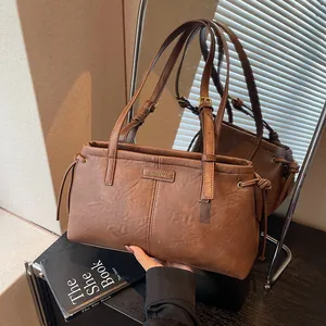 Women Retro PU Leather Underarm Shoulder Bag Large Capacity Adjustable Strap Drawstring Fashion Commuter Handbag Tote