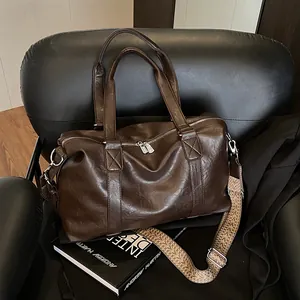 Vintage PU Leather Boston Tote Bag Women Large Capacity Handbag Wide Woven Strap Retro Casual Travel Shoulder Bag Satchel