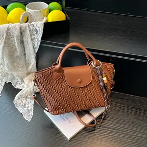 Damen Gewebte PU Leder Dumpling Tasche Mit Perlen Quaste Vintage Einfache Schulter Umhängetasche Mode Handtasche Alltag