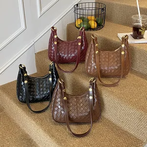 French style woven crescent shoulder bags in black, burgundy, brown and dark coffee colors
