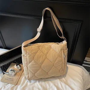 Women Fashion Quilted Puffer Shoulder Bag Large Capacity Nylon Crossbody Handbag Casual Commuting Stitching Satchel Bag