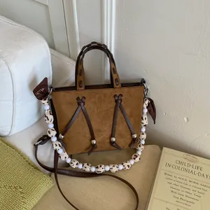Women Vintage PU Suede Underarm Bag With Beaded Strap Fashion Leopard Print Shoulder Tote Bag Casual Commute Large Capacity Handbag