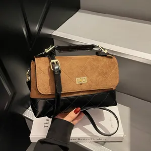 Borsa a Tracolla Vintage in Pelle Scamosciata a Contrasto Per Donna Moda Trapuntata a Rombi Borsa a Mano Con Lucchetto