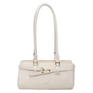 Minimalist white leather underarm bag with gold buckle straps and large capacity for women