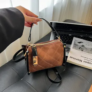 Vintage Women Suede Diamond Quilted Crossbody Bag Elegant Handheld Square Bag Metal Clasp Shoulder Satchel Daily Office Bag