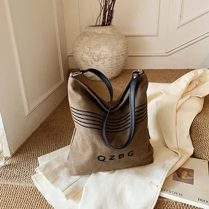 Women Vintage Canvas Shoulder Bag Large Capacity Tote Bucket Bag With QZBG Letter Print Contrast PU Leather Straps Handbag