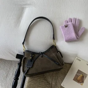 Women Retro PU Matte Suede Look Shoulder Bag Minimalist Contrast Stitching Underarm Crossbody Bag Multi Pockets Daily Carry Bag
