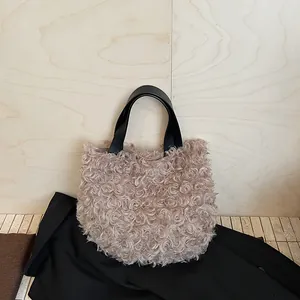 Women Fashion Plush Bucket Bag Faux Lamb Wool Tote Handbag Minimalist Solid Color Casual Winter Hand Purse Soft Fleece Top Handle Bag