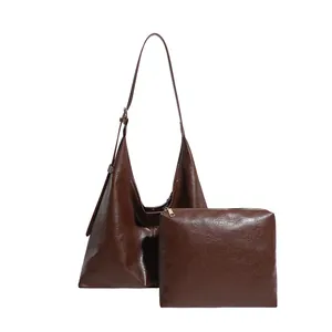Large capacity dark brown oil leather tote bag set with matching zipper clutch for women