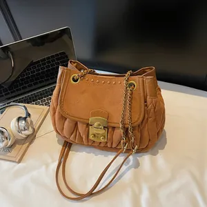 Vintage Pleated Faux Suede Shoulder Bag For Women Rivet Decor Metal Lock Chain Strap Crossbody Bag Casual Commute Handbag