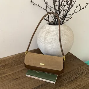 Women Retro Leopard Patchwork PU Leather Underarm Bag Minimalist Gold Buckle Shoulder Bag Fashion Baguette Bag Daily Commute