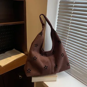 Women Suede Hobo Bag Retro Laser Cut Flower Large Capacity Tote Bag Casual Leopard Print Shoulder Bag Academic Style
