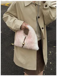 Fashion fluffy pink gradient fur handbag with gold ball charm and silver chain strap
