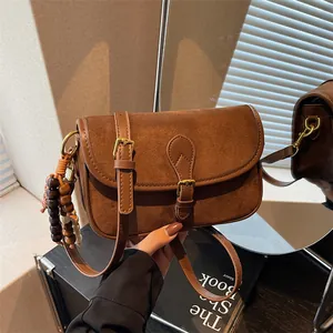 Women Retro Small Square Crossbody Bag Suede Texture PU Leather Fashion Commuting Shoulder Bag With Wooden Bead Charm