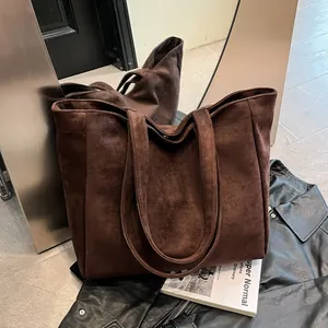 Women Large Capacity Suede Tote Bag Minimalist Solid Color Shoulder Bag For Commuting University Students Retro Style Handbag
