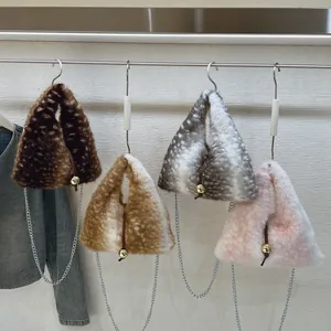 Fuzzy triangle handbag with plush faux fur and metal chain strap in multiple colors