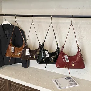 Vintage glossy faux leather tote bags in brown, coffee, black, and wine red colors
