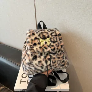 Women's Fashion Leopard Print Faux Fur Backpack Mini Plush School Bag With Gold Bow Metal Accessory Casual Travel Rucksack