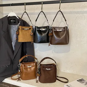 Retro PU Leather Bucket Bag Women Shoulder Crossbody Bag With Metal Lock