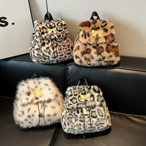 Chic plush leopard print backpacks for women with golden bow knot buckle and drawstrings