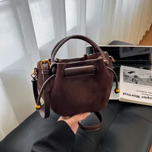 Women Minimalist PU Suede Bucket Bag Fashion Drawstring Crossbody Bag Retro Handbag With Metal Ball Decor Shoulder Bag
