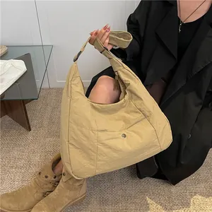 Women Large Capacity Nylon Puffer Tote Bag Korean Style Quilted Shoulder Bag Solid Color Adjustable Strap Crossbody Bag