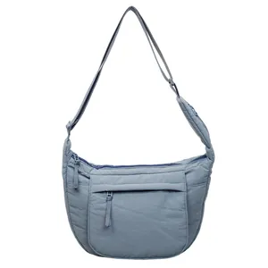 Minimalist light blue large capacity nylon crescent crossbody bag with adjustable strap