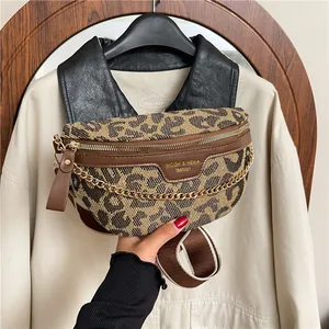 Retro leopard print crossbody bag with gold chain and wide strap for women fashion