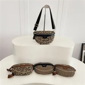 Chic leopard and geometric pattern chest bags with chain straps and wide shoulder belts