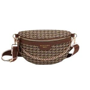 Retro houndstooth crossbody chest bag with wide shoulder strap and gold chain detail