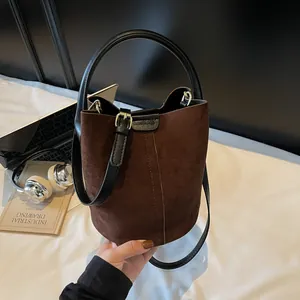 Women's Vintage Matte PU Leather Bucket Bag Set Minimalist Handheld Crossbody Shoulder Bag With Sub-bag Golden Hardware