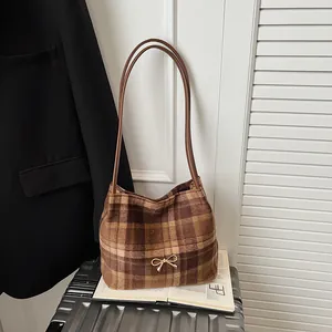 Borsa a Tracolla da Donna Retrò a Quadri Leopardo Grande Capacità Camoscio Tessuto di Lana Borsa Tote Con Fiocco in Metallo