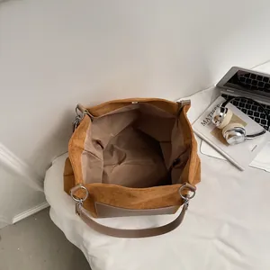 Brown suede minimalist tote bag for women with large capacity and shoulder strap