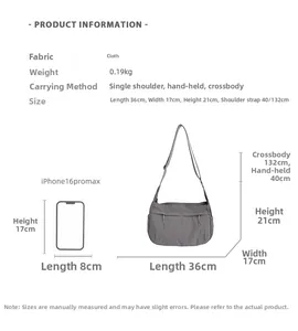 Size chart showing nylon shoulder bag dimensions 36x17x21cm and carrying methods