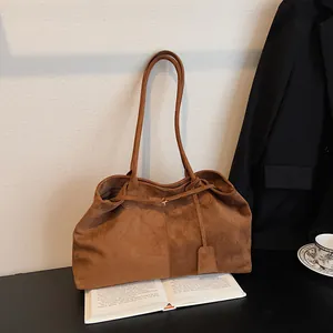 Women's Retro Faux Suede Tote Bag Large Capacity Minimalist Shoulder Bag Solid Color Elegant Commuter Handbag With Magnetic Buckle
