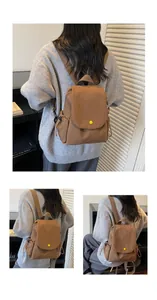 Detailed views of the brown canvas backpack featuring flap closure and yellow snap button