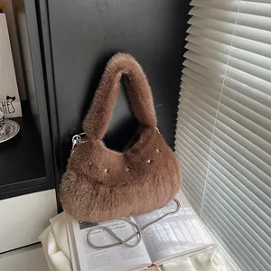 Faux Fur Plush Shoulder Bag For Women Fashion Star Rivets Metal Chain Crossbody Handbag Soft Fluffy Fall Winter Hobo Bag